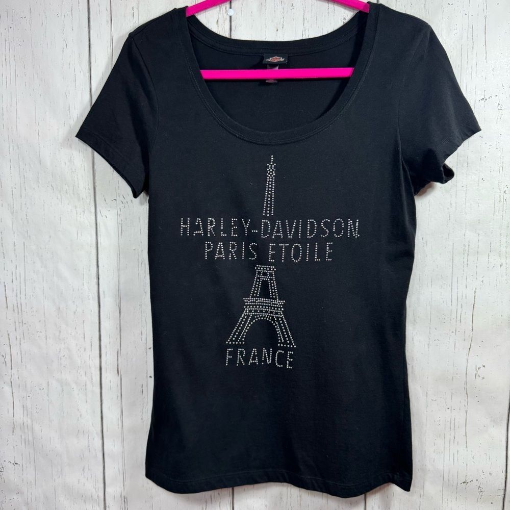 Harley Davidson Paris Etolile Rhinestones Black Fitted Short Sleeve T Shirt